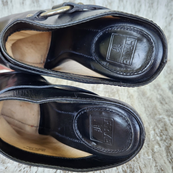 Frye "Laurie Harness Mule" Black Leather Moto Heeled Clogs | Women's Size 7 - Picture 9 of 12